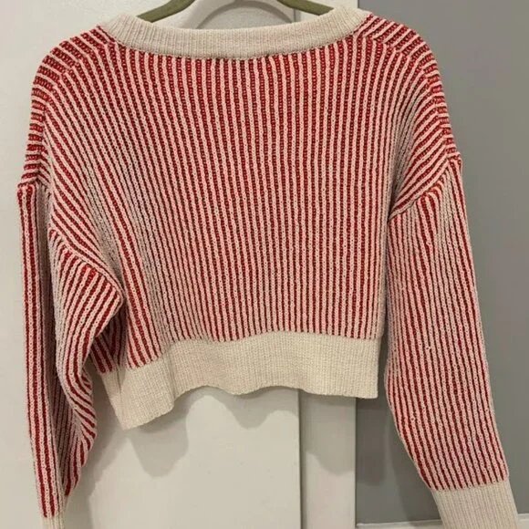 Lulus Attractively Cozy Red And White Striped V-neck Pullover Sweater - Size S - Picture 5 of 7